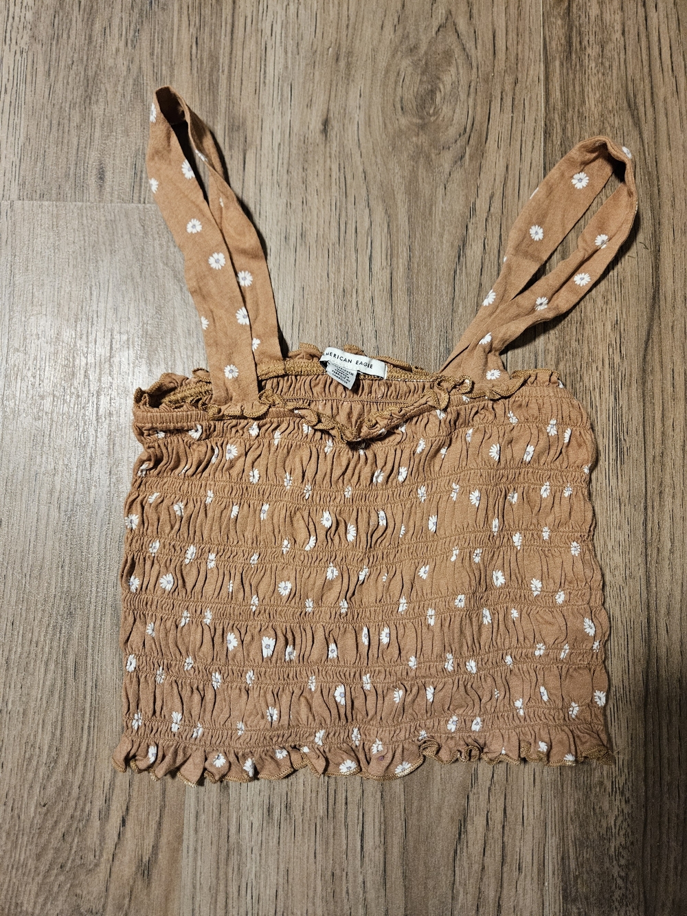 American Eagle Outfitters Tan Floral Smocked Crop Tank Top